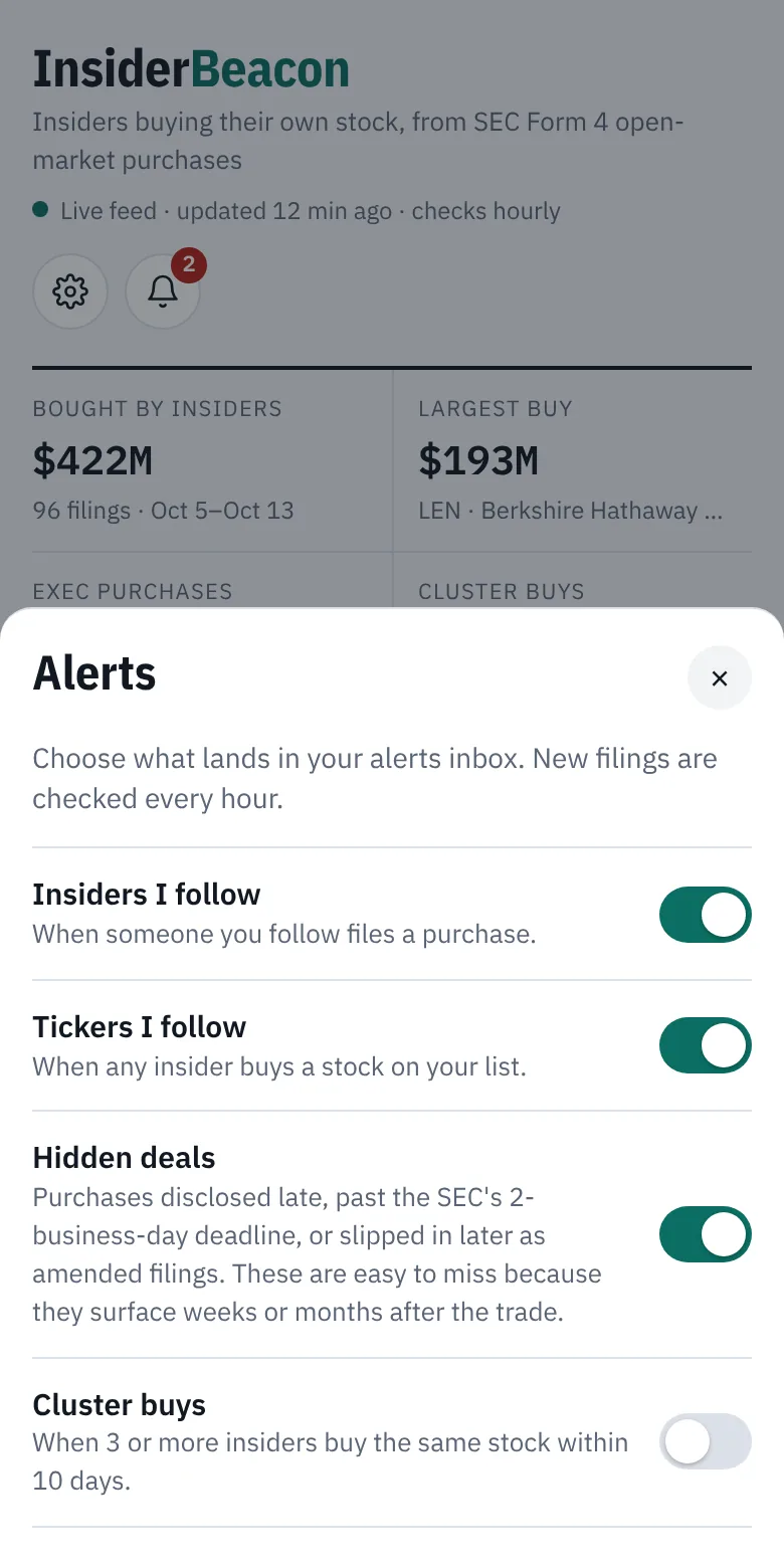 Alert settings with switches for insiders you follow, tickers you follow, hidden deals and cluster buys, with hidden deals switched on.
