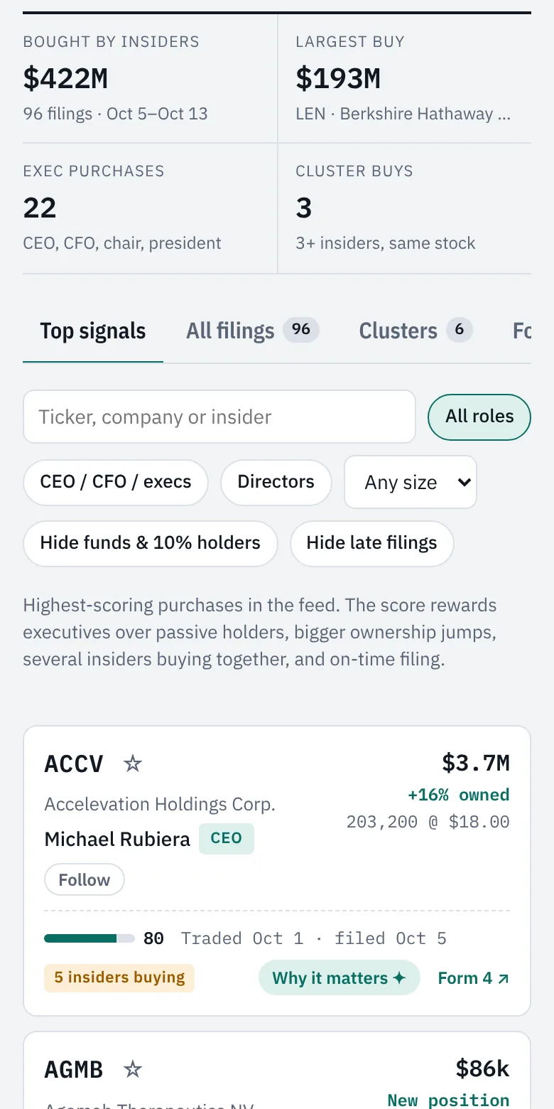 The InsiderBeacon app showing the week's insider purchases ranked by signal score, led by Accelevation CEO Michael Rubiera's $3.7 million buy with a score of 80.